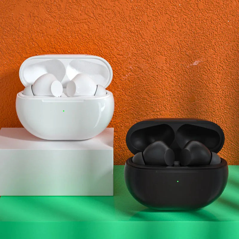Pro4 wireless Bluetooth earbuds in black and white with charging case and cable