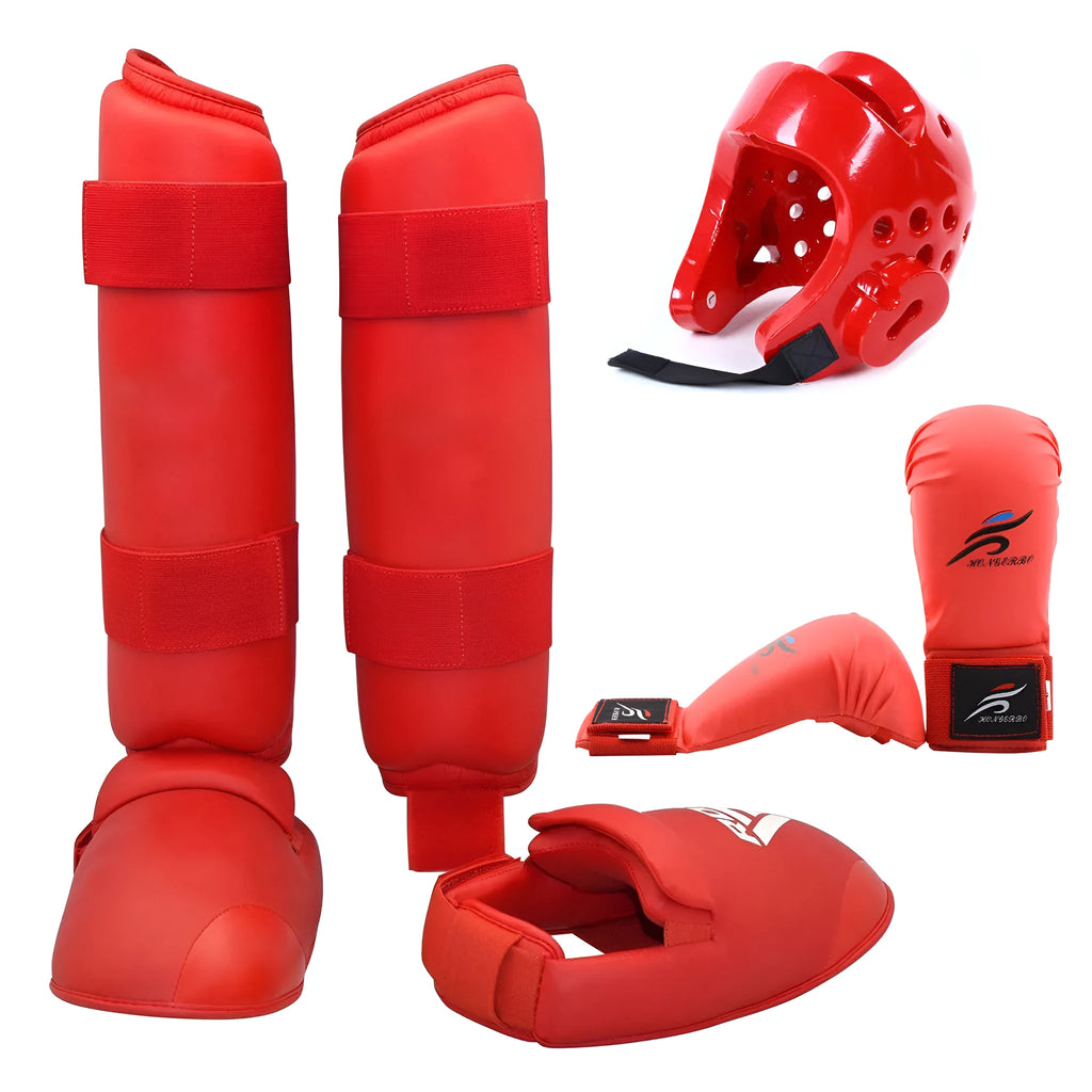 Complete martial arts protective gear set showing red boxing gloves, leg guards and helmet