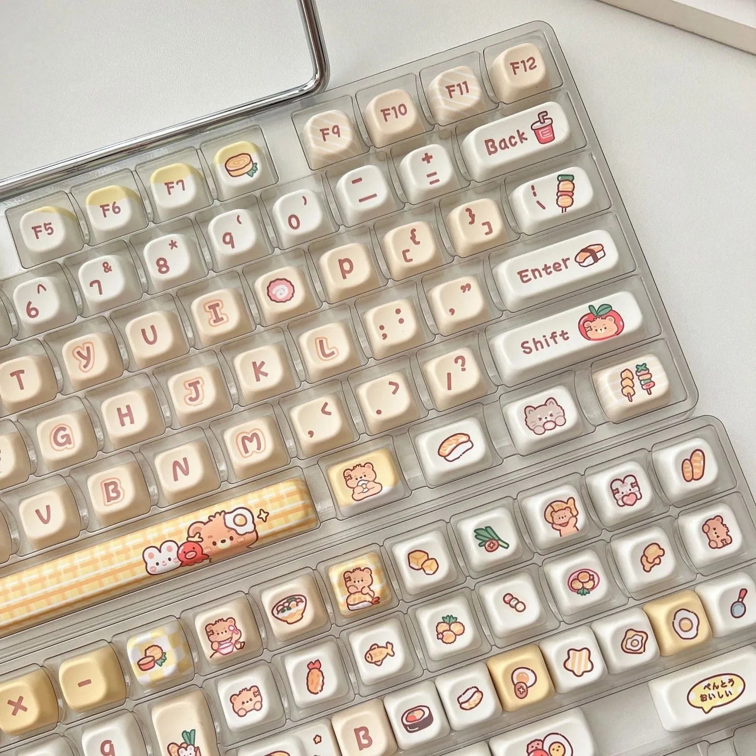 Set of 140 PBT plastic keycaps for mechanical keyboards in EOA height with Rabbit Bear Restaurant graphics.