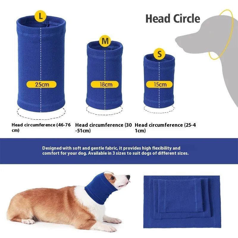 Blue and grey polyester headband scarf for dogs in small, medium, and large sizes.