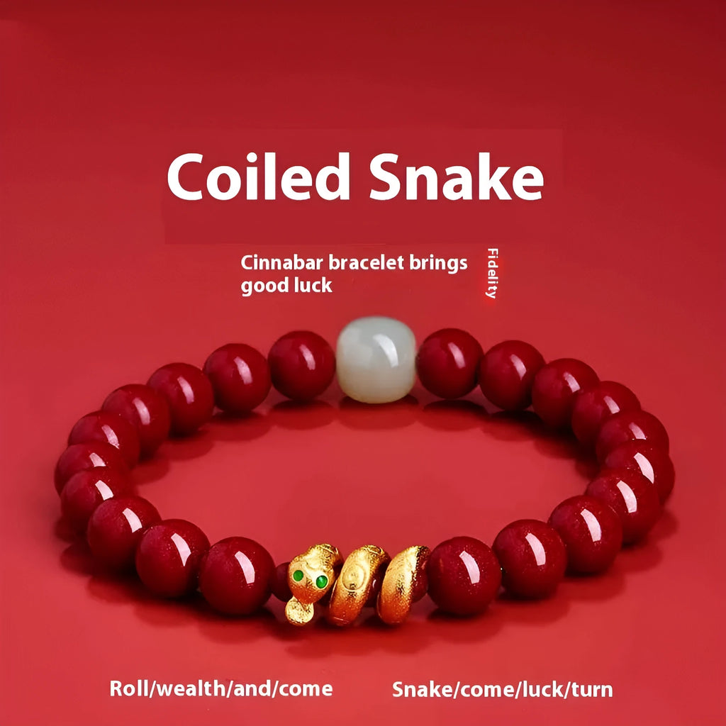 Handmade cinnabar snake zodiac bracelet with Chinese style design in 6mm or 8mm bead size