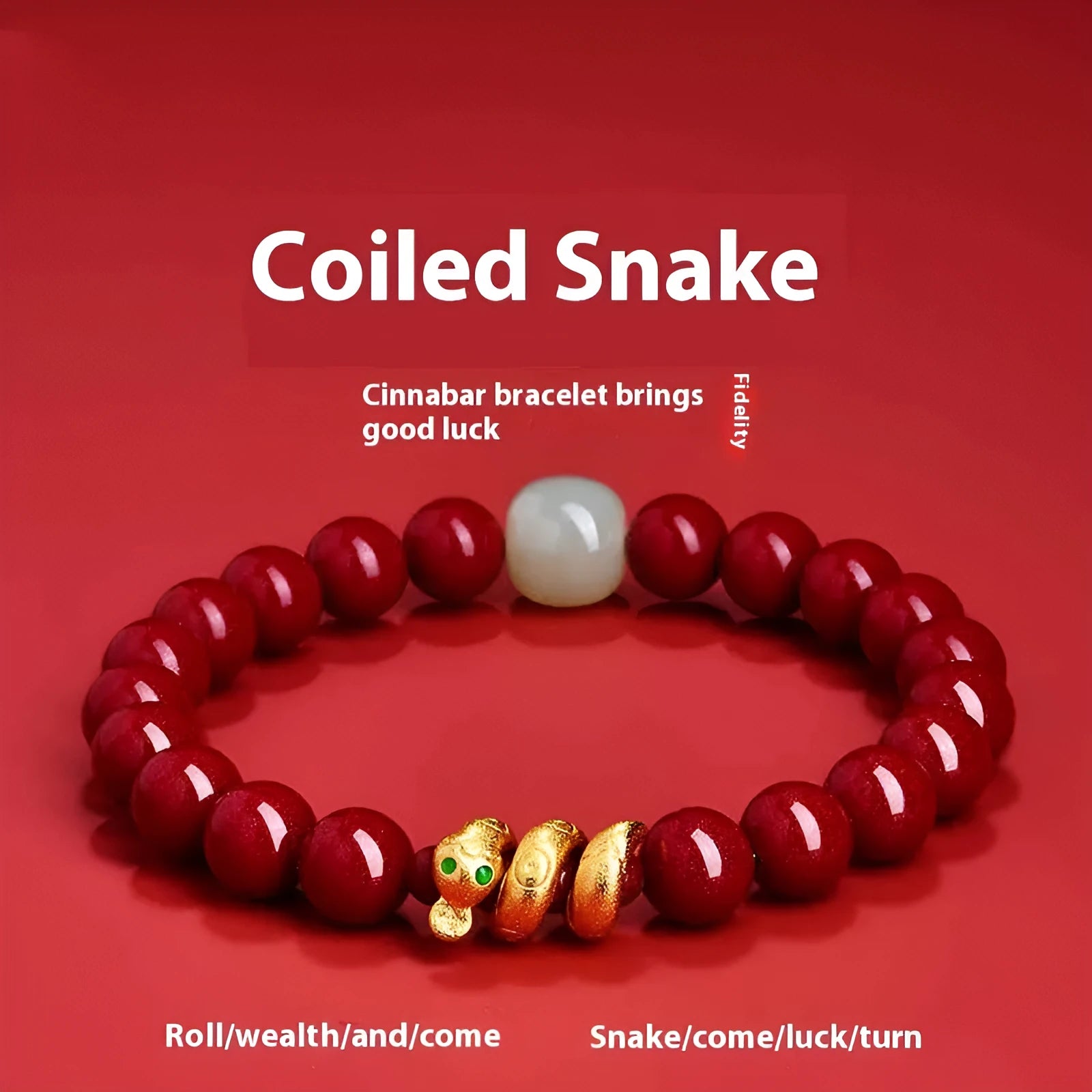 Handmade cinnabar snake zodiac bracelet with Chinese style design in 6mm or 8mm bead size