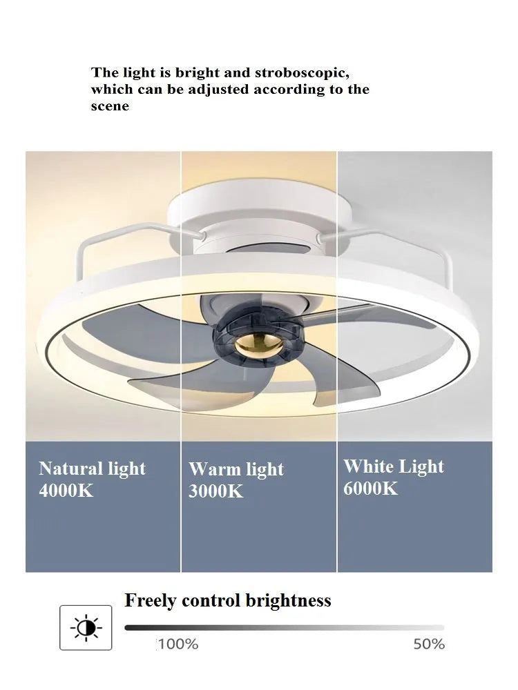 Modern white ceiling fan lamp with integrated light and five blades, shown installed on a ceiling.