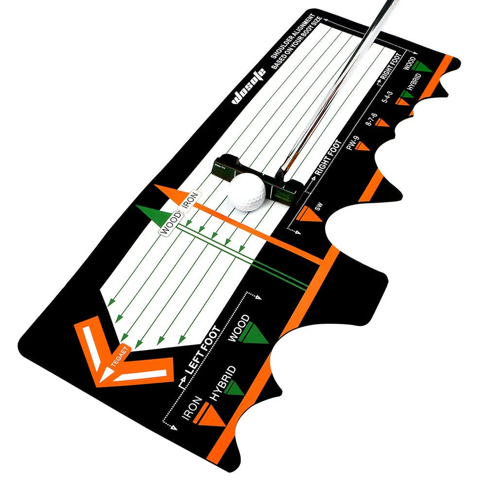 Black neoprene golf swing stance training pad on green grass