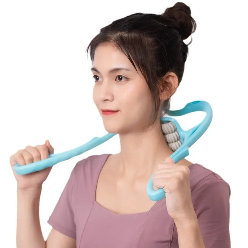 Blue plastic handheld six-wheel massager for neck shoulders and waist