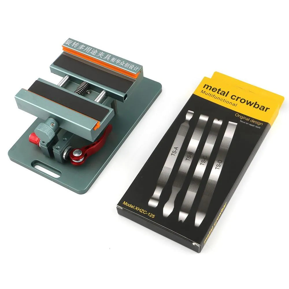 Mobile phone repair fixture with adjustable clamp and demolition crowbar