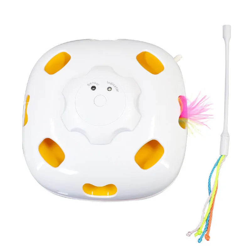 Plastic cat toy with teaser wand, 19.8cm long feeder puzzle in assorted colours
