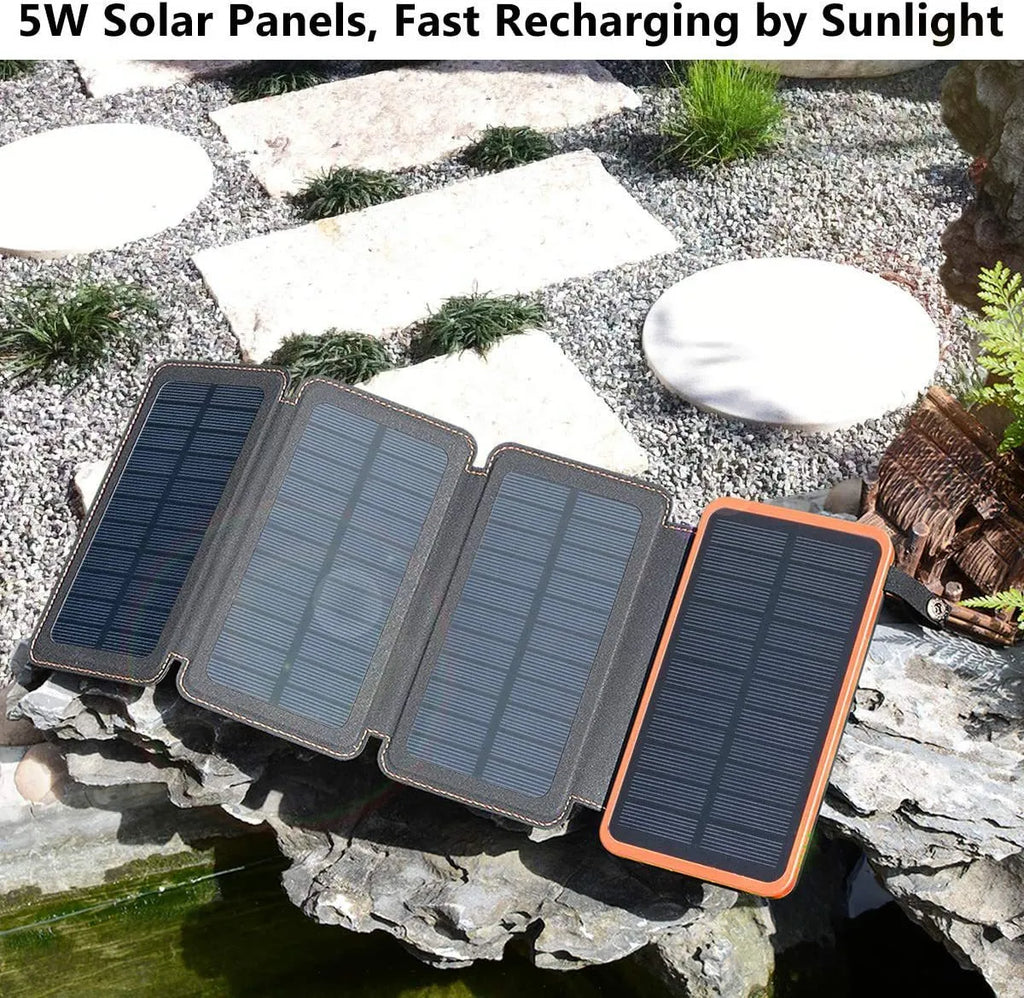 Outdoor rainproof solar phone charger with LED light and leather case in black, blue, green and orange colours
