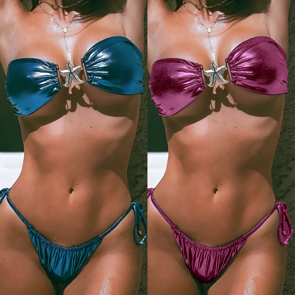 Women's glossy tube top bikini with gold starfish detail in sapphire blue colour
