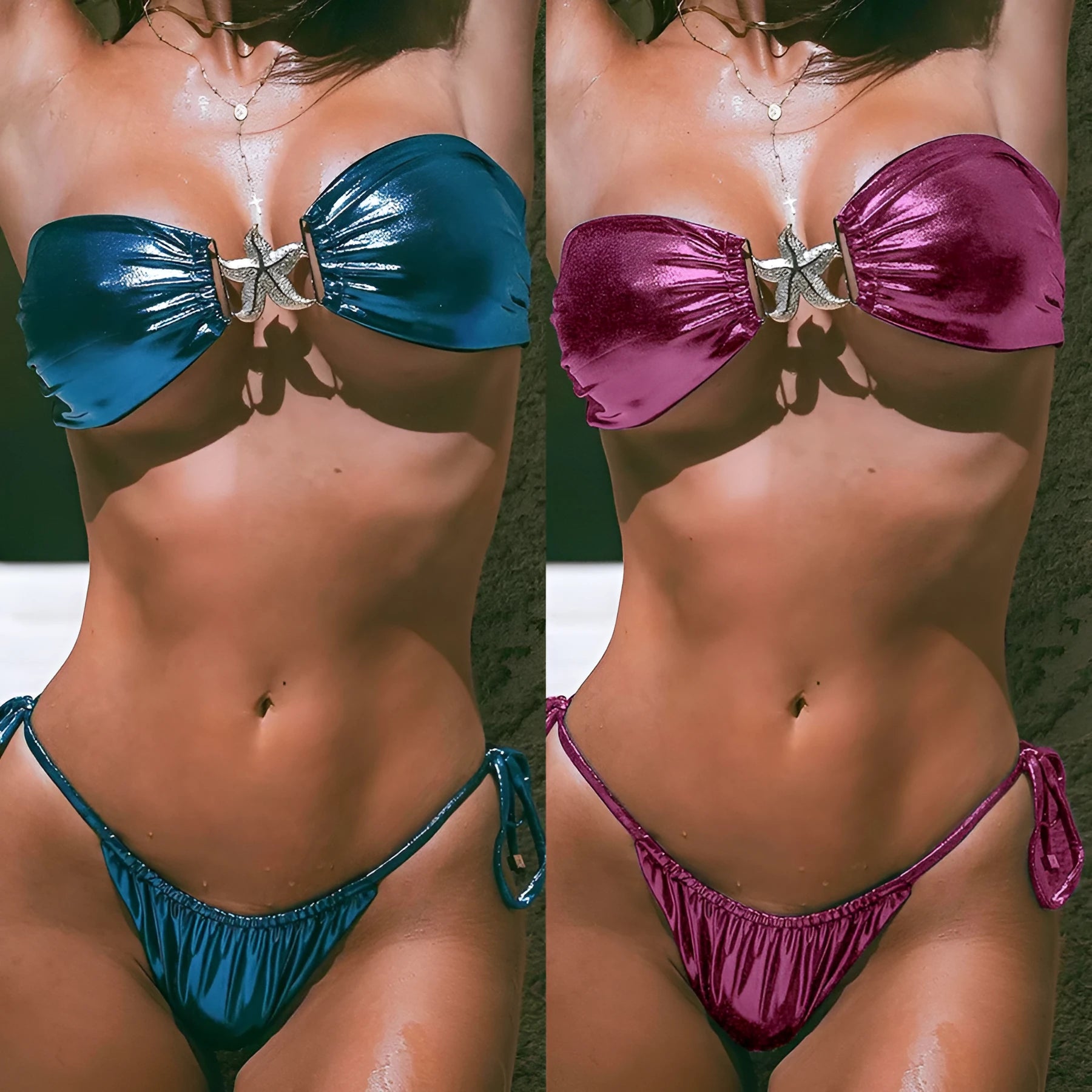Women's glossy tube top bikini with gold starfish detail in sapphire blue colour