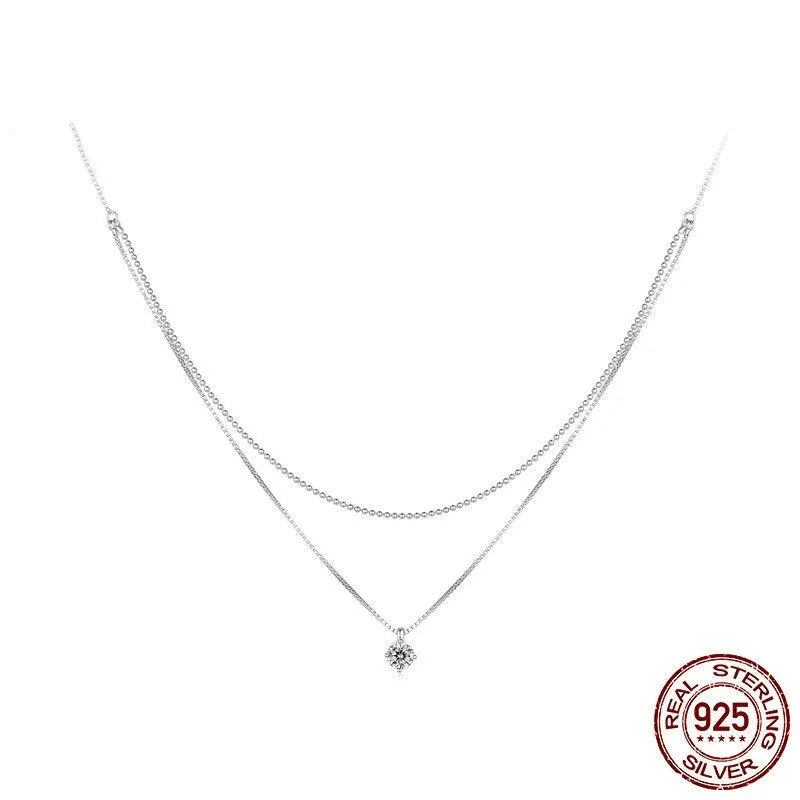 S925 sterling silver double-layer necklace with pearl chain and pendant for women.