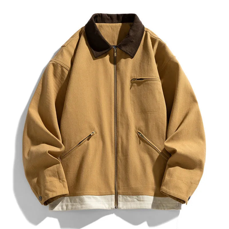 Men's loose fit retro workwear jacket with contrast colour lapels and side seam pockets