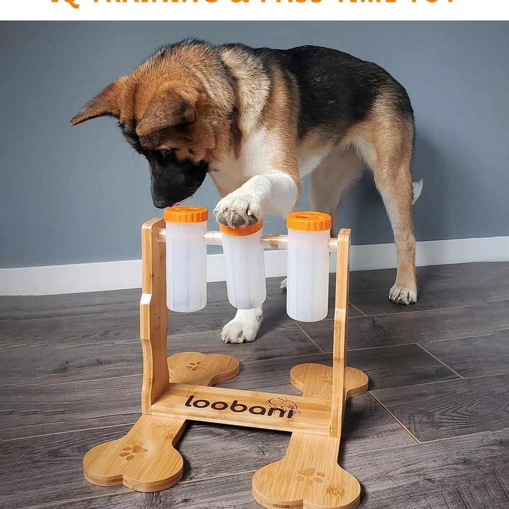 Natural wood colour interactive dog puzzle toy and snack dispenser feeder, 31cm by 30cm by 20cm.