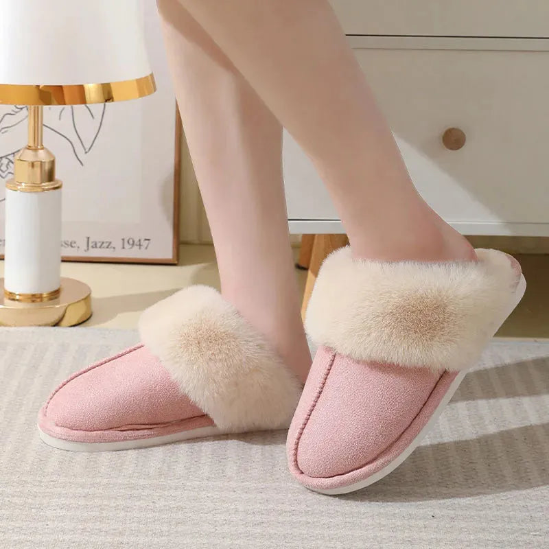 Women's plush-lined indoor winter slippers with PVC soles in five colour options