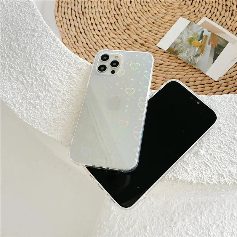 Transparent silicone iPhone case with laser colourful love design showing through to phone beneath