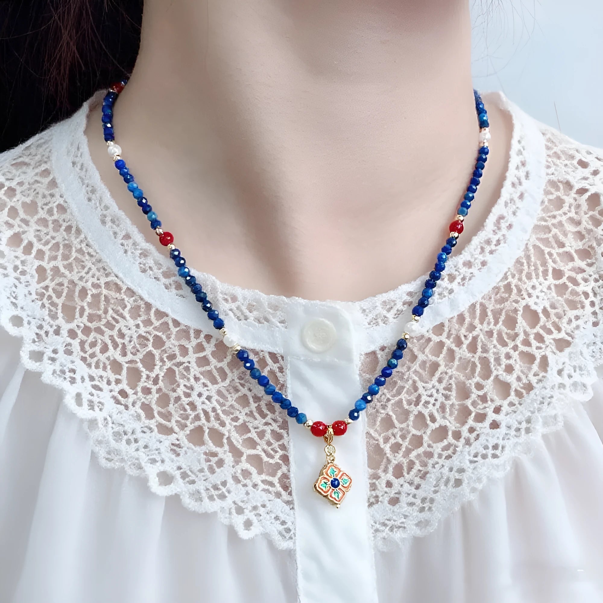 Natural lapis lazuli pendant necklace with copper setting on ball bead chain, adjustable 41-50cm, handmade women's jewellery