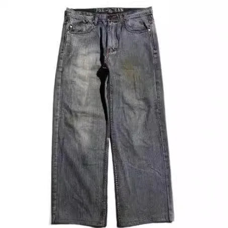 Men's light grey washed-out denim jeans with a wide-leg straight cut and retro workwear style.