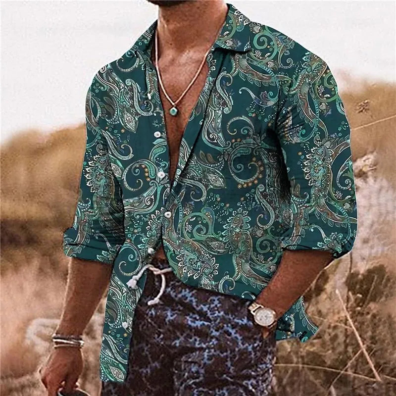 Men's loose fit polyester shirt with 3D flower pattern printing in long sleeve design