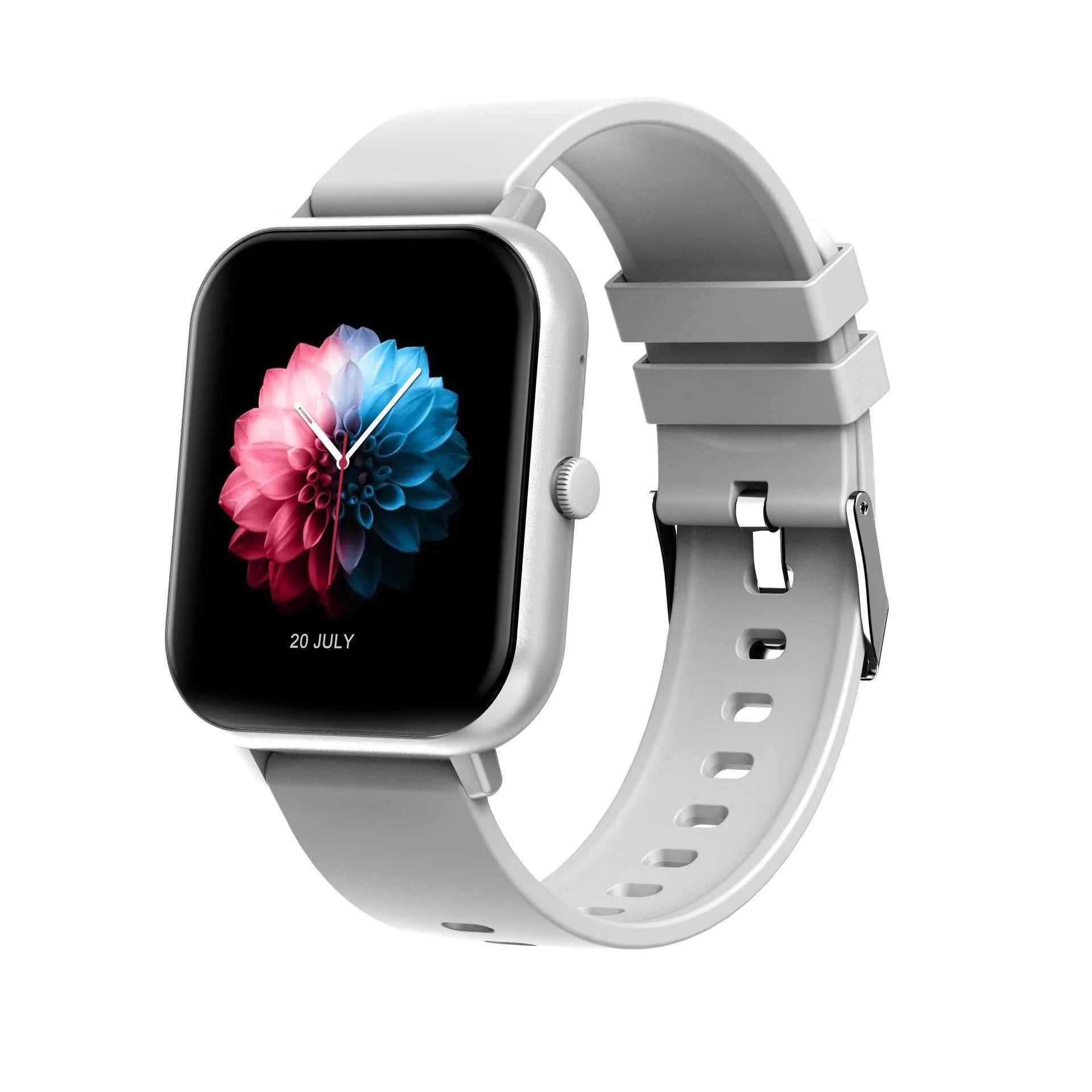 Bluetooth smart watch with AI voice heart rate monitoring in black, silver gray, pink and khaki colours