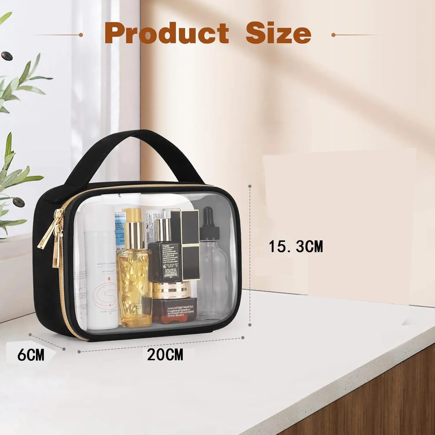 Transparent PVC wash bag with chain handle in multiple colour options showing interior space