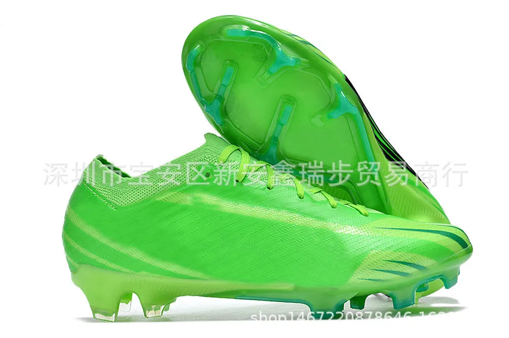 Men's football boots with knitted upper, FG studs, and built-in air cushion on green grass