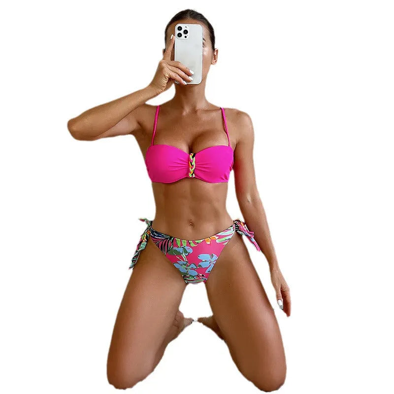 Women's braid rope bikini swimsuit in rose red, two-piece, on white background