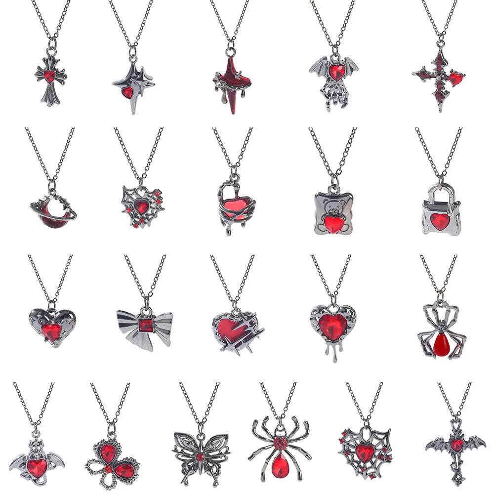 Halloween necklace with spider, bat, and skull wing charms on a zinc alloy chain