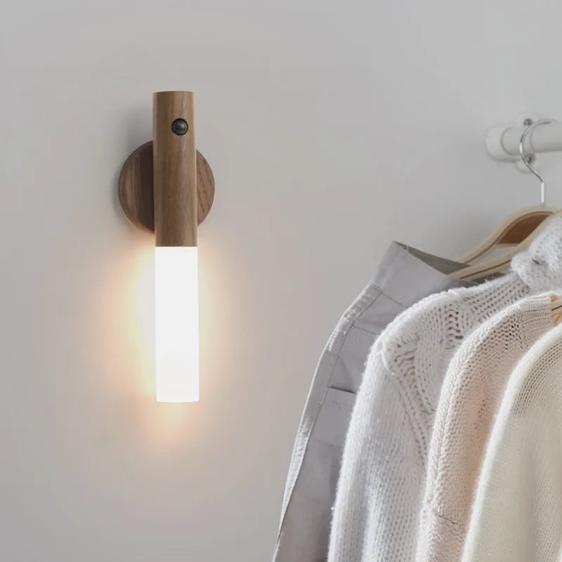Smart sensor LED desk lamp made of solid wood and organic glass on a wooden desk
