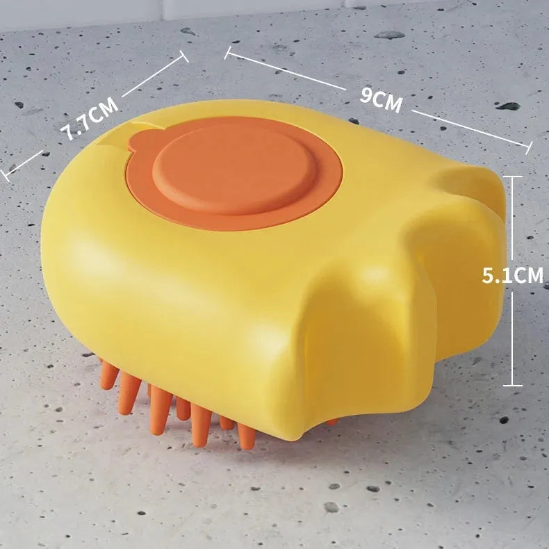 Blue pet bath brush with shampoo box for cat and dog washing, showing massage bristles and comb teeth