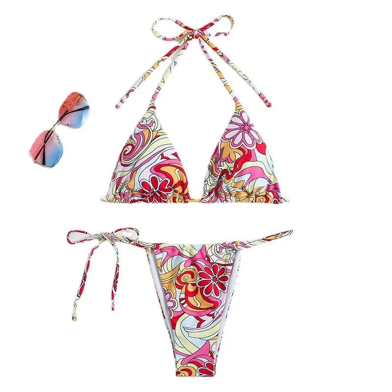 Triangle Printed Bikini for Women with Separate System and Hanging Neck Swimsuit, Polyester Fabric, Available in S M L, Multicolor Pattern for Beach and Pool Wear