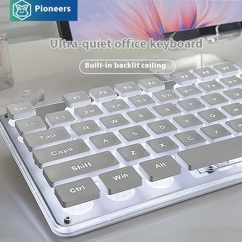 Wired mute mechanical keyboard with LED backlighting in multiple colour options including white, silver, and black variants