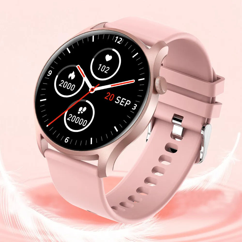 Pink smart watch with silicone wristband showing heart rate and blood pressure on its 1.3-inch screen