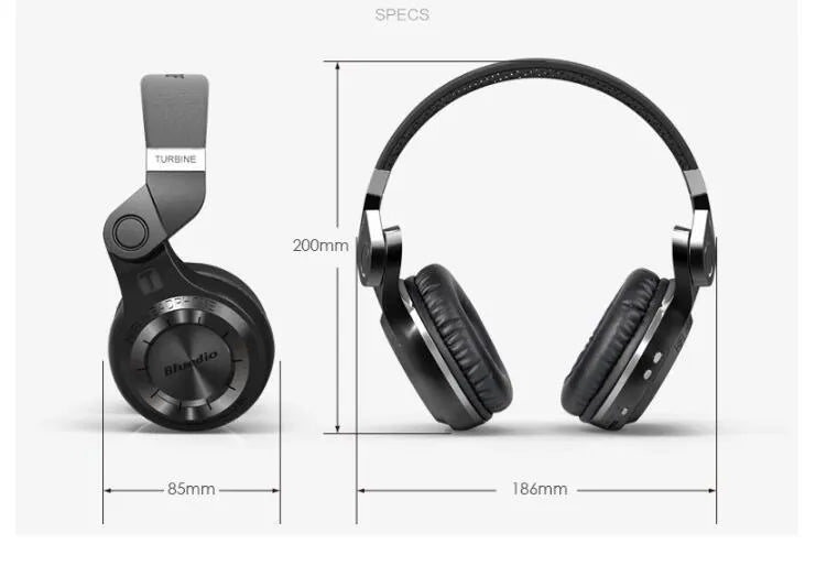 Blue String T2 black and white Bluetooth over-ear headphones with folding metal headband and detachable cable.