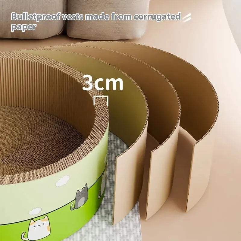Round deep pit cat scratch board in corrugated paper construction showing 45cm and 50cm size options