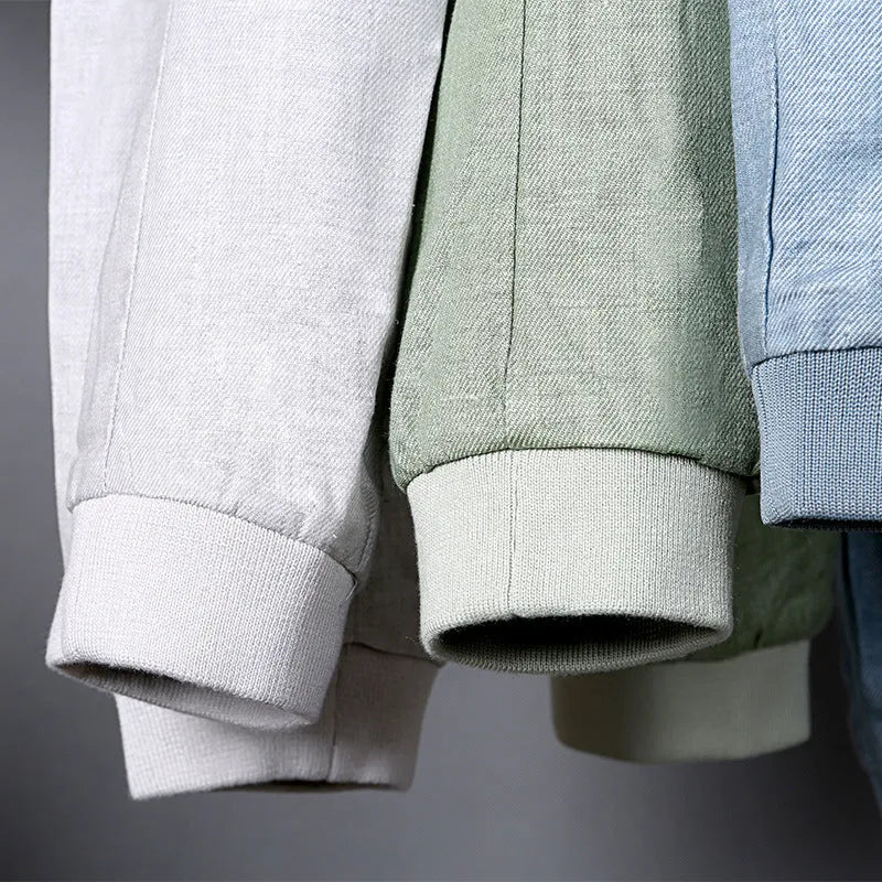 Men's thin linen jacket in heather gray, grass green, or blue, made from cotton, showing colour-matching pattern.