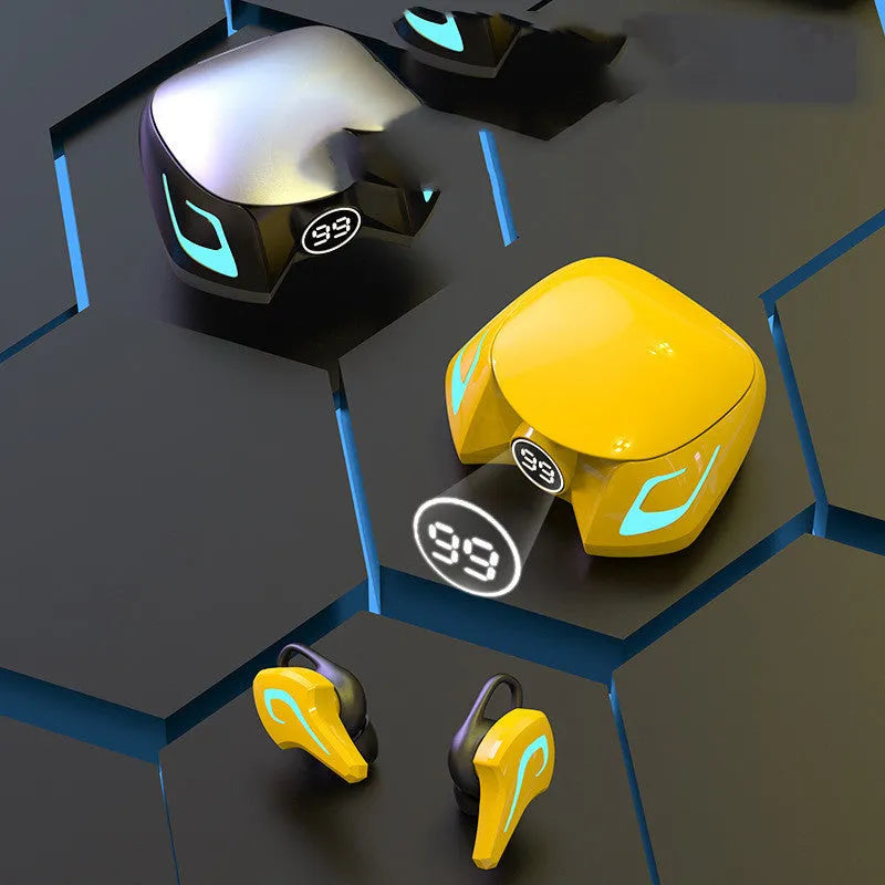 Wireless Bluetooth gaming earbuds in black, grey, or yellow with 10m range and 4-hour battery life