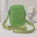 Solid colour PU leather mobile phone shoulder bag showing crossbody and shoulder carry options