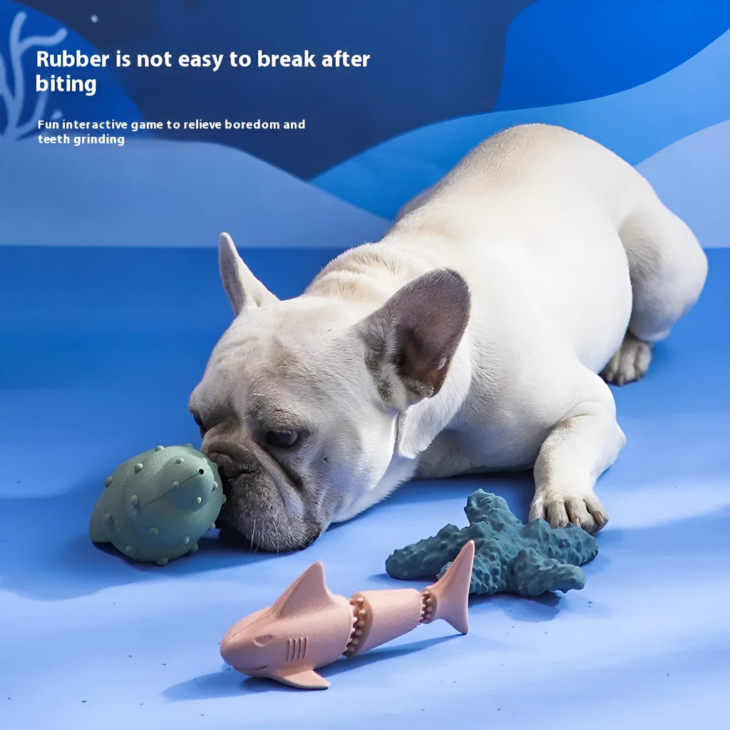 Deep sea shark shaped rubber dog toy in blue or green colours for food leakage control