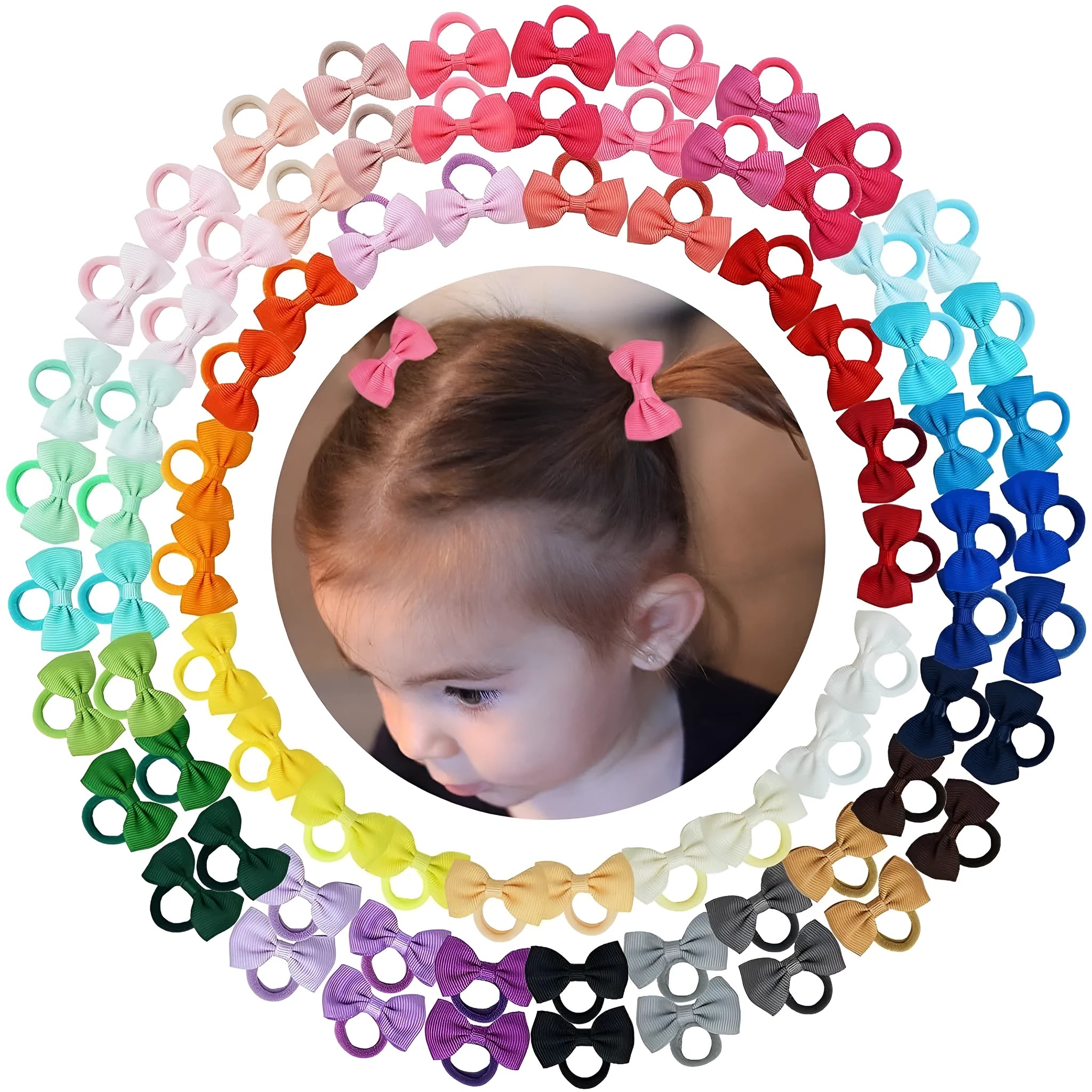80 pack of tiny hair ties with multi-coloured grosgrain ribbon bows, elastic bands, for baby girls