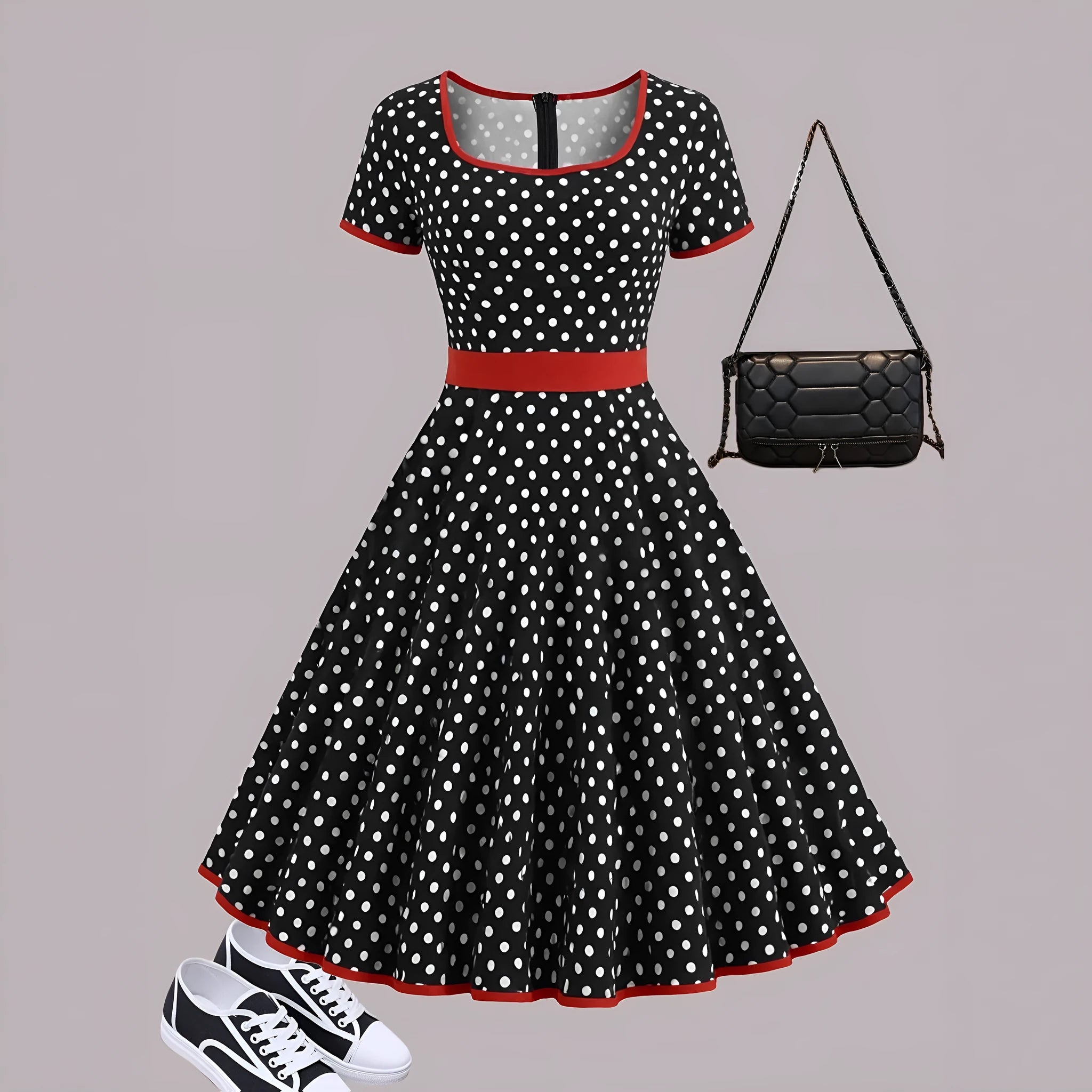 Square collar short sleeve polka dot dress with front zipper and pleated midi skirt
