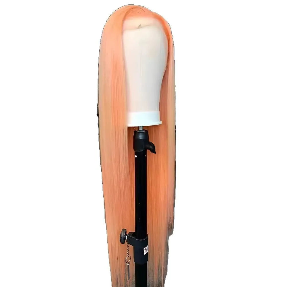 Light orange long straight front lace chemical fiber wig with side bangs on a mannequin head