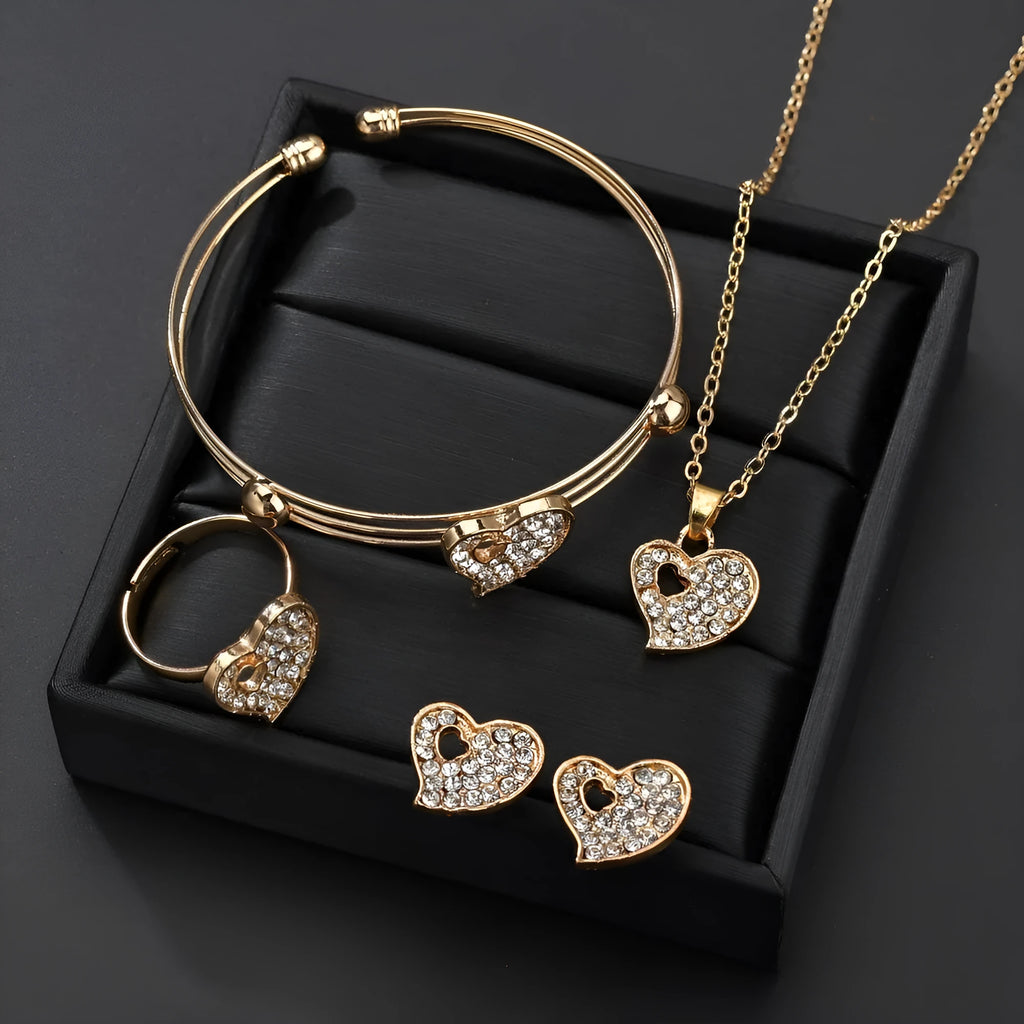 Gold electroplated alloy women's jewellery set with earrings, love and bell pendant decorations