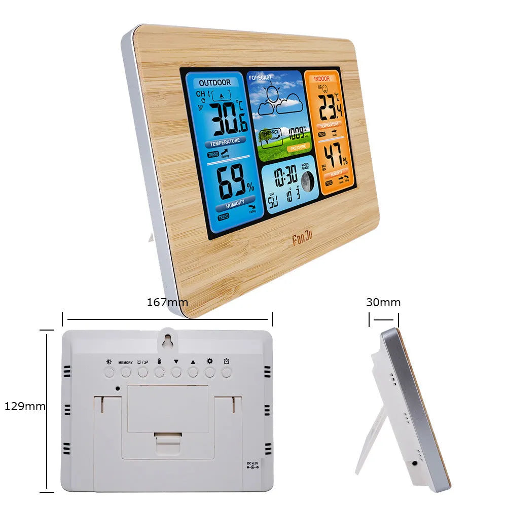 Rectangular desktop weather station clock with LCD display showing temperature humidity and forecast data