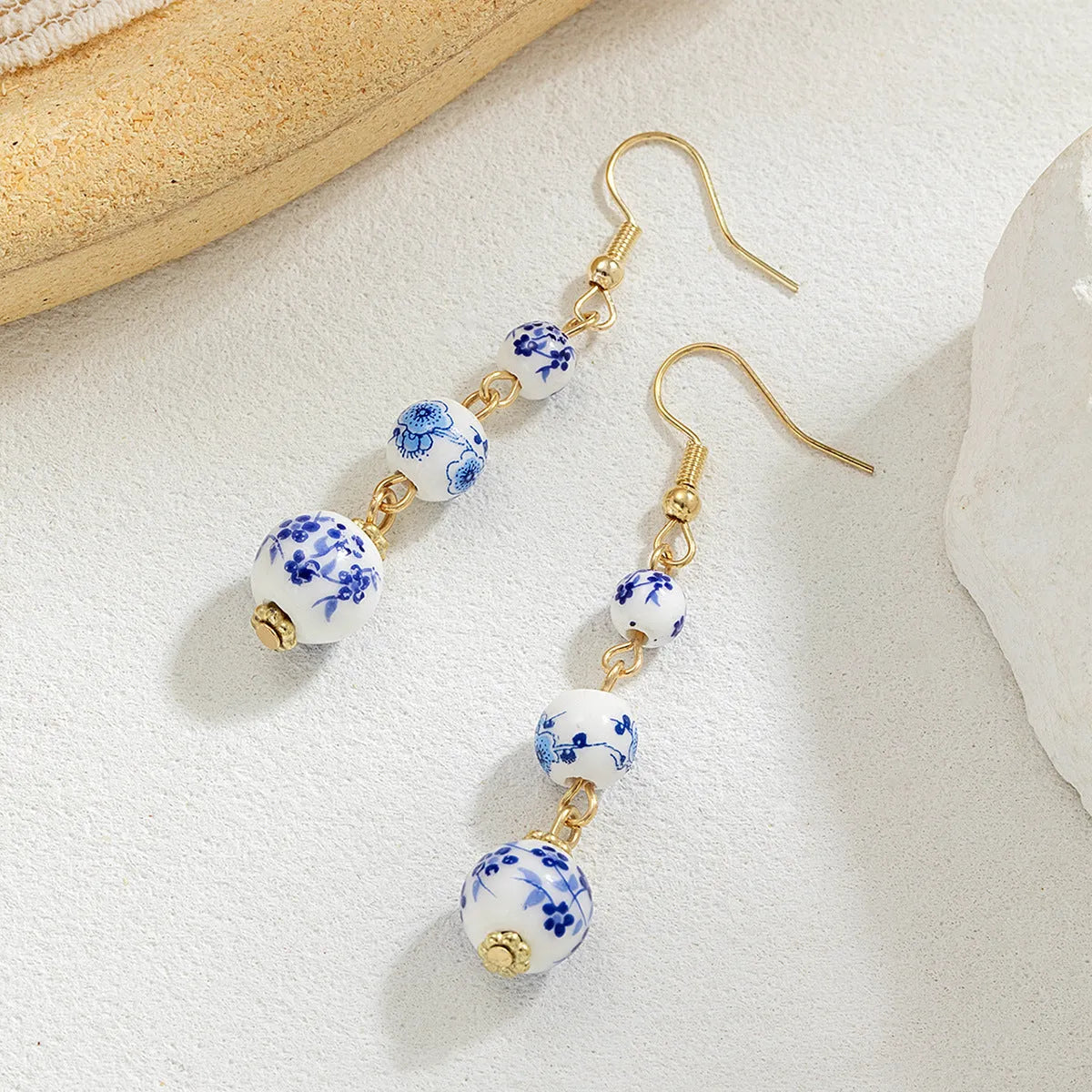 Blue and white porcelain ceramic beads long retro drop earrings for women with alloy hook