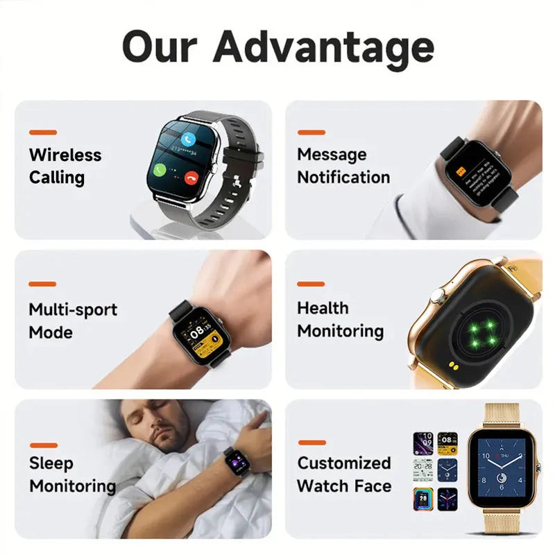 Smart watch with 1.44-inch touch screen showing heart rate and step count display on silicone strap