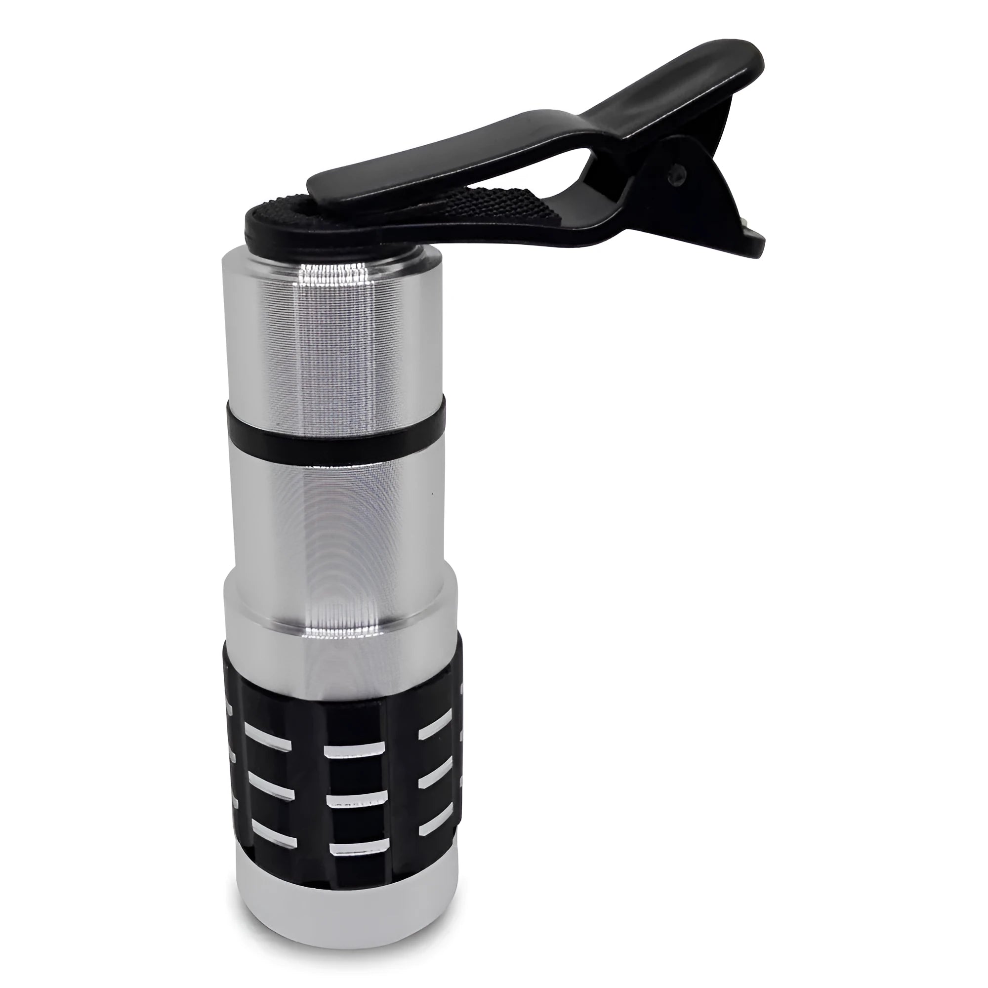 12x telescopic smartphone lens with a universal metal clip attached, shown next to a mobile phone.
