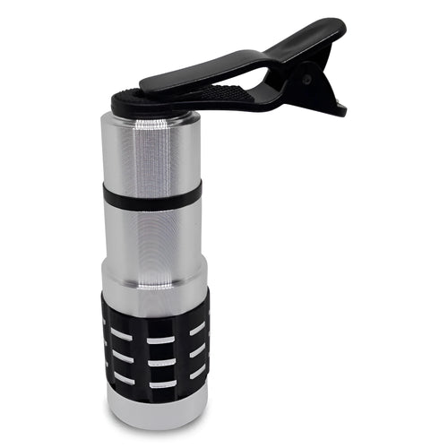 12x telescopic smartphone lens with a universal metal clip attached, shown next to a mobile phone.