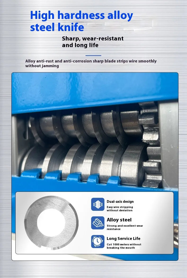 SD-017 manual wire stripping machine on a workbench, compact tool for stripping cables from 0.5mm to 17mm diameter.