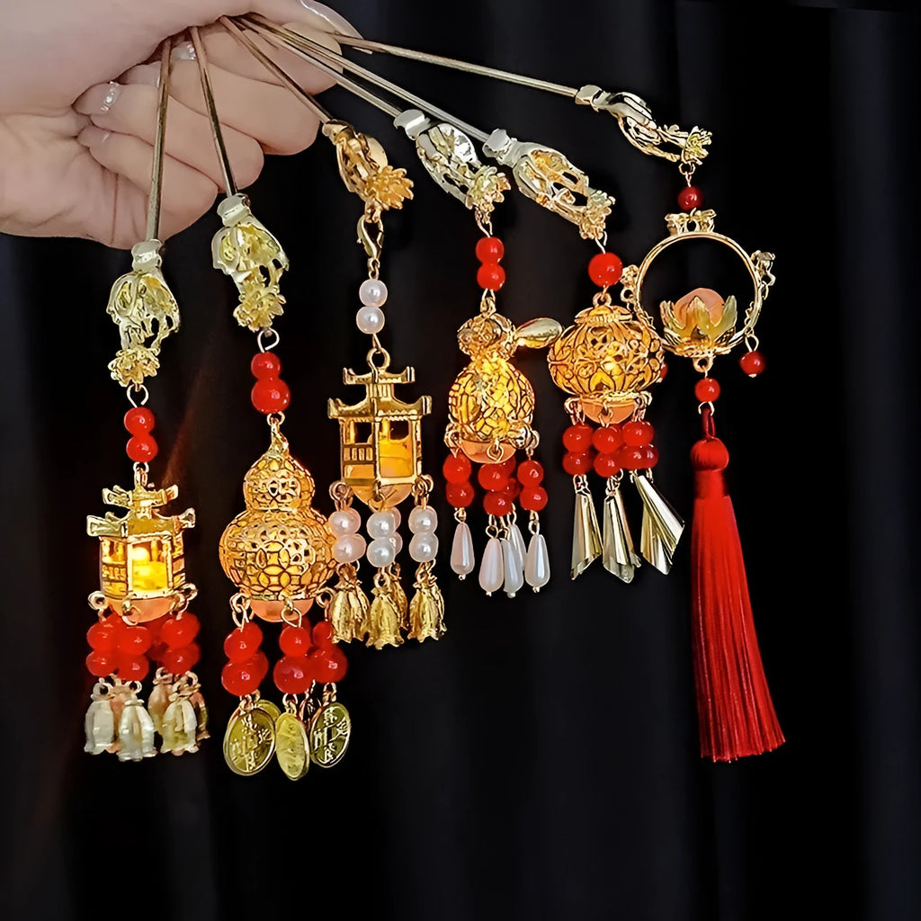 Ancient style light-emitting hairpin with dangling ornament in retro crown shape, electroplated alloy