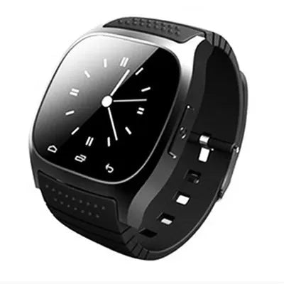 Black Bluetooth sports watch compatible with iPhone and Android phones on wrist